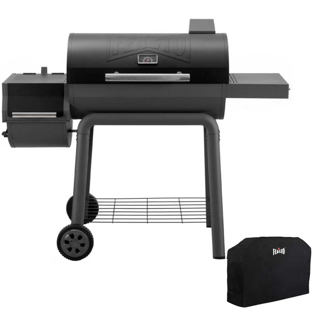 Feasto 30in BBQ Charcoal Barrel Grill With Cover, Offset Smoker Grill And Side Table
